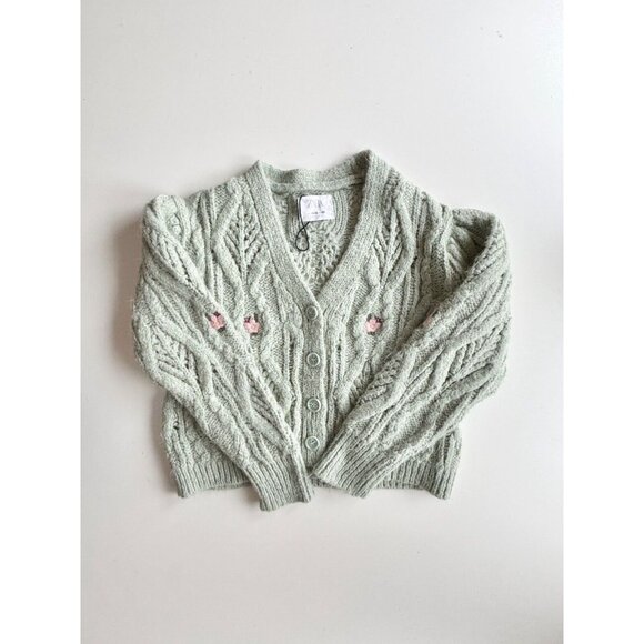 Girls' ZARA Light Green Cable Knit Embroidered Cardigan Sweater, Size 11-12 - Picture 1 of 8